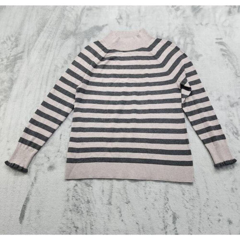 Loft Petites Sweater Womens Size SP Black Gray Striped Mock Neck Ruffle Sleeve